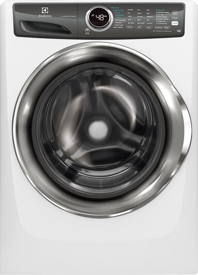 Stock photo of a white Electrolux brand front load washer.