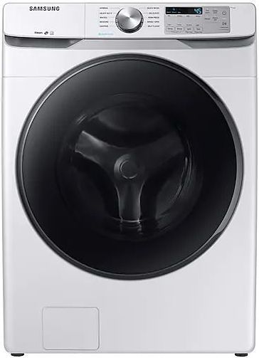 Stock photo of a white Samsung brand front load washer.