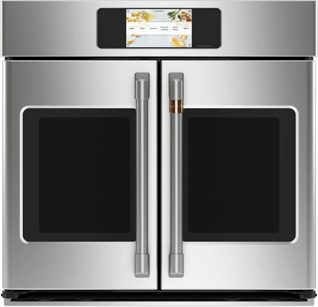 Front view of the Café CTS90FP2NS1 single French door oven 