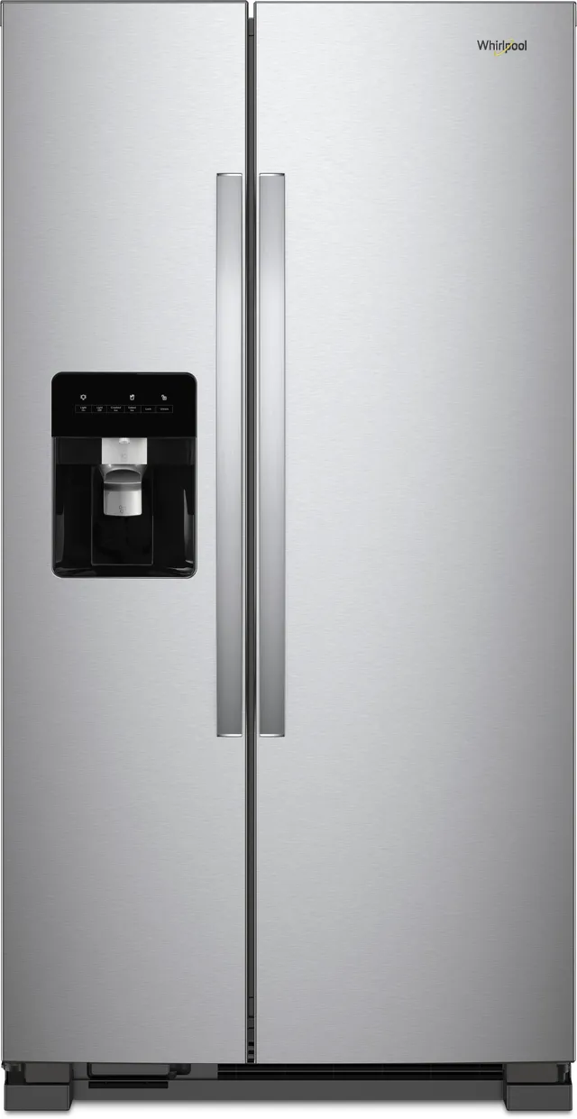 Front view of the Whirlpool WRS315SDHM stainless steel side by side refrigerator 