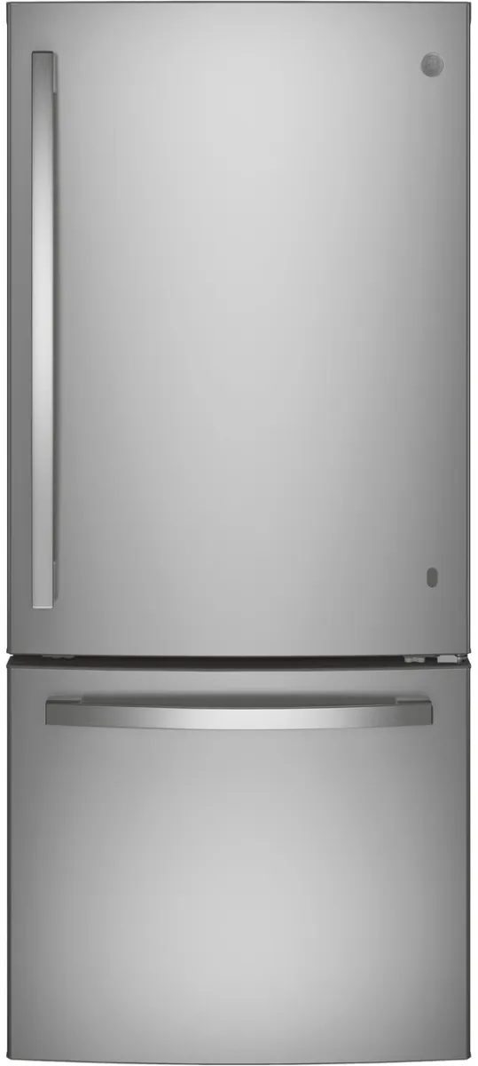 Front view of the GE GBE21DYKFS stainless steel bottom freezer refrigerator 