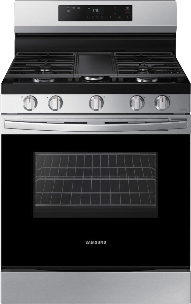 Stock photo of a black and stainless steel Samsung brand gas powered range.