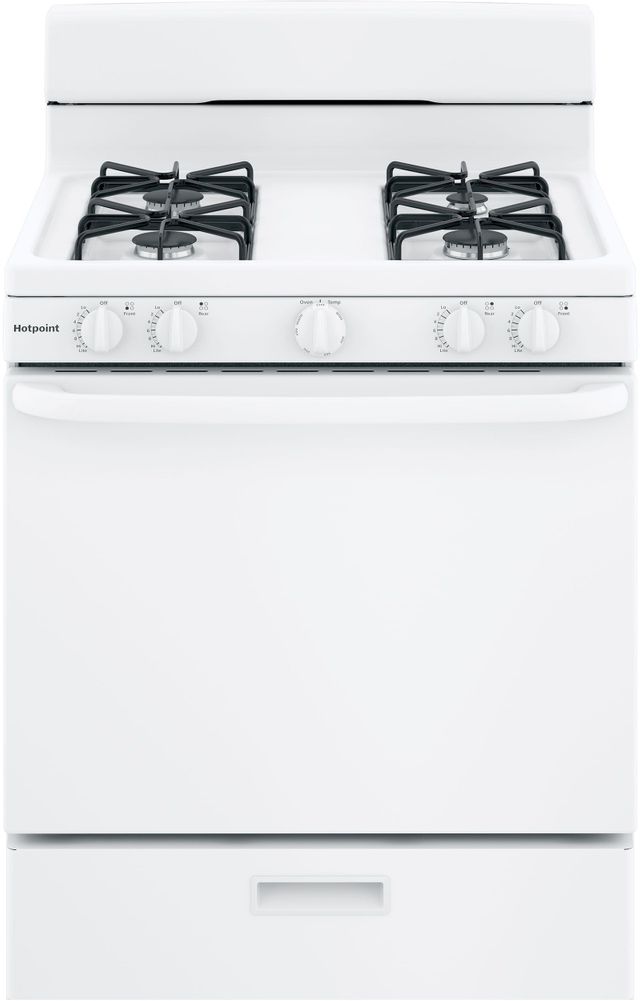 Stock photo of a white Hotpoint brand gas powered range.