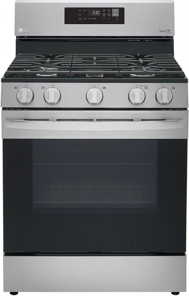 Stock photo of a LG brand gas powered range with large front handle. 