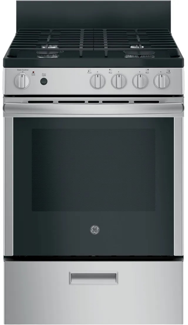 Front view of GE JGAS640RMSS 24-inch gas range 