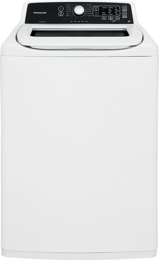 Stock photo of a white Frigidaire brand top load washer.