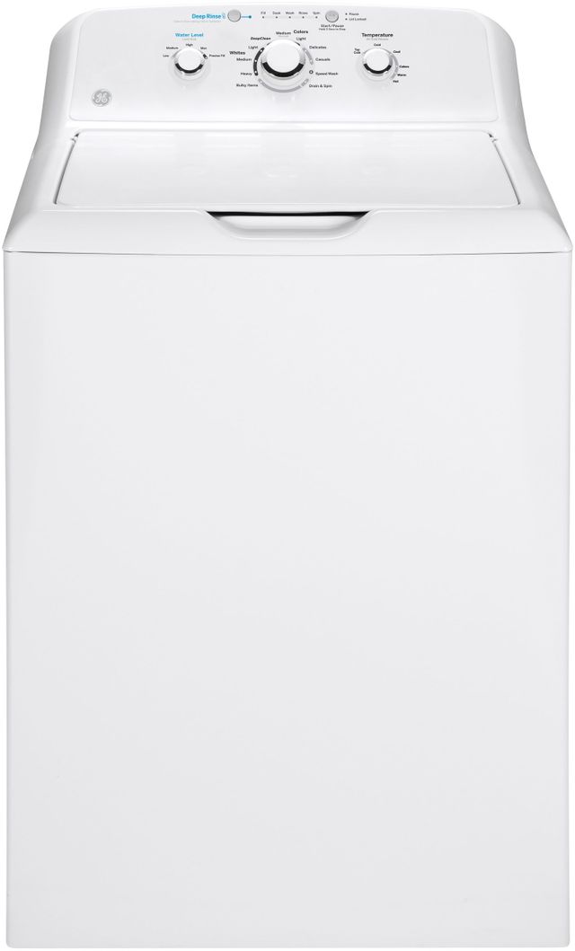 Stock photo of a white Ge brand top load washer.