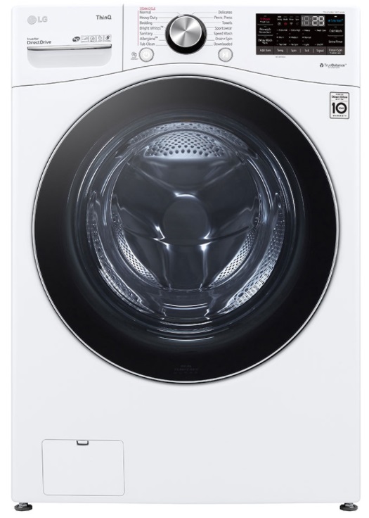 Stock photo of a white LG brand front load washer.
