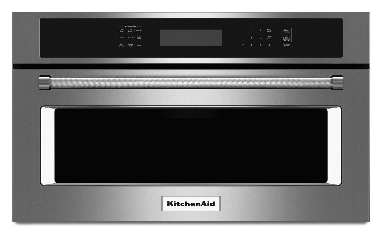 Front view of KitchenAid KMBP100ESS over the range microwave 