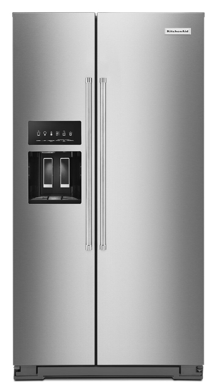 Front view of KitchenAid KRSF705HPS side by side refrigerator 