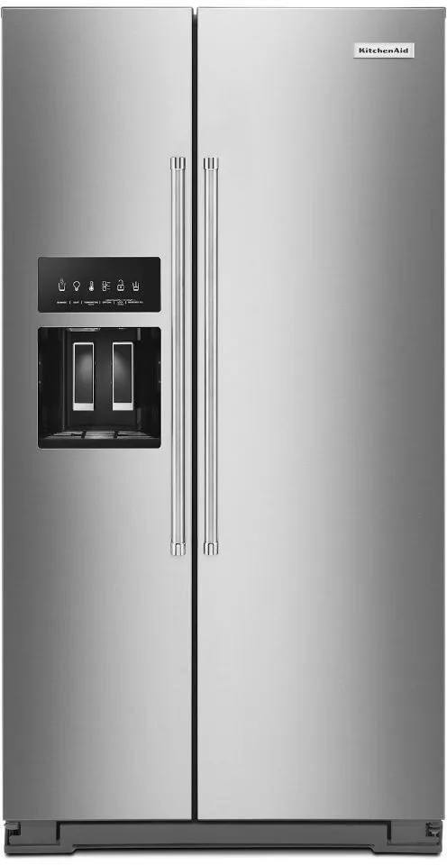 Front view of the KitchenAid KRSF705HPS side by side refrigerator 