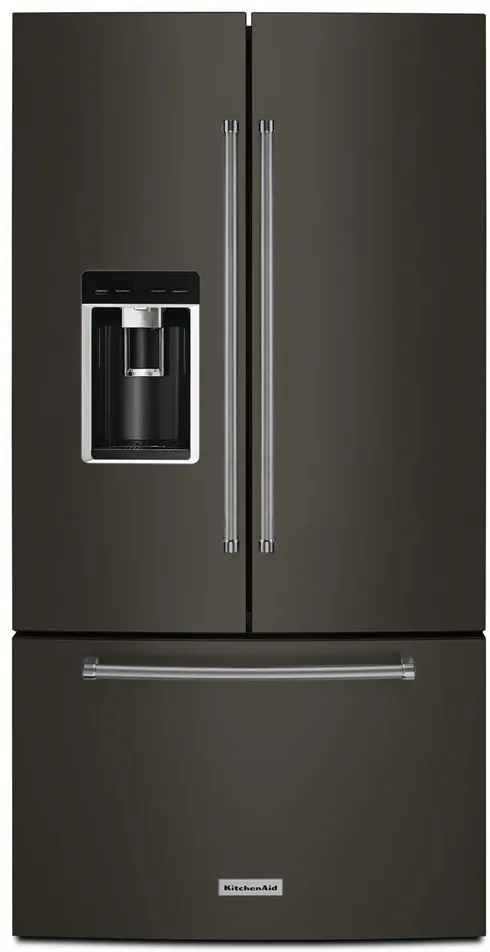Front view of the KitchenAid KRFC704FBS French door refrigerator 