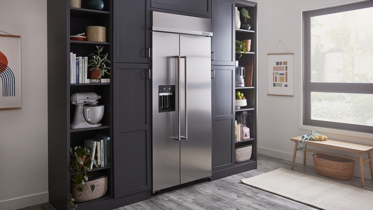 The KitchenAid kbsd706mps built-in refrigerator shown in a modern kitchen 
