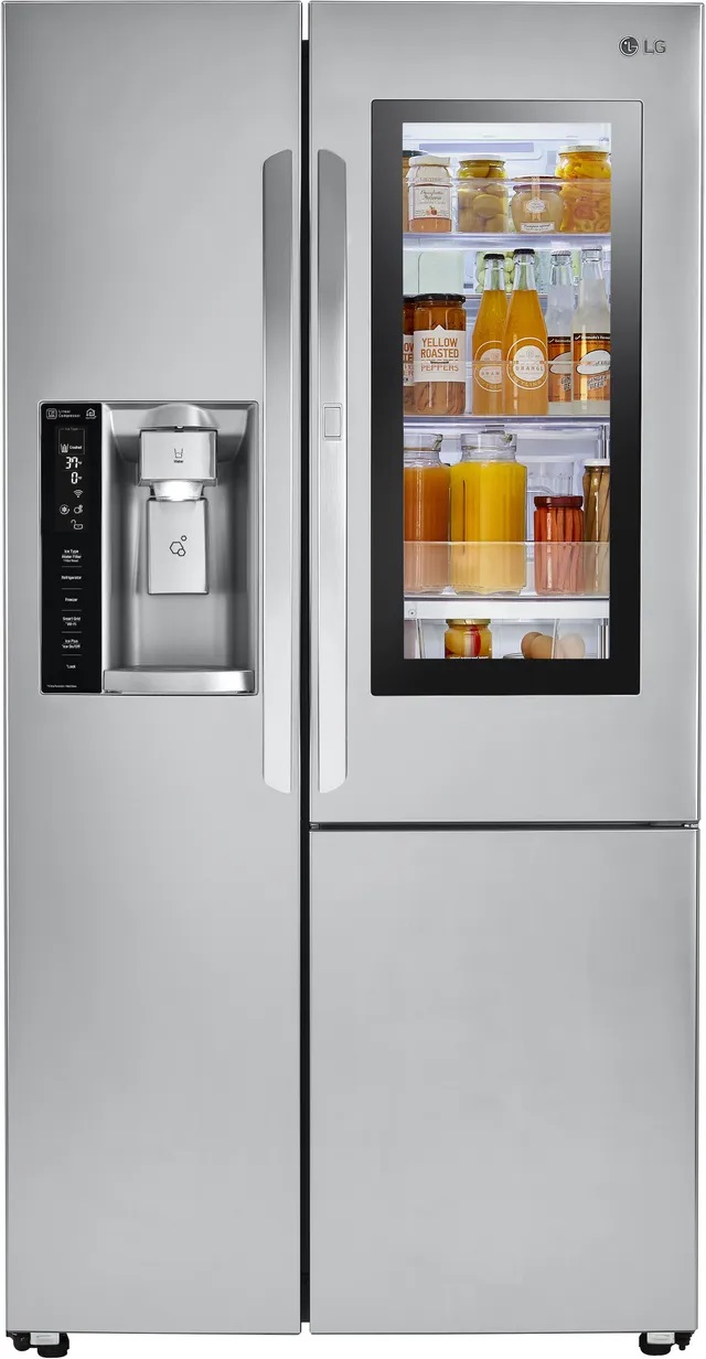 Front view of LG LSXS26396S side by side refrigerator 