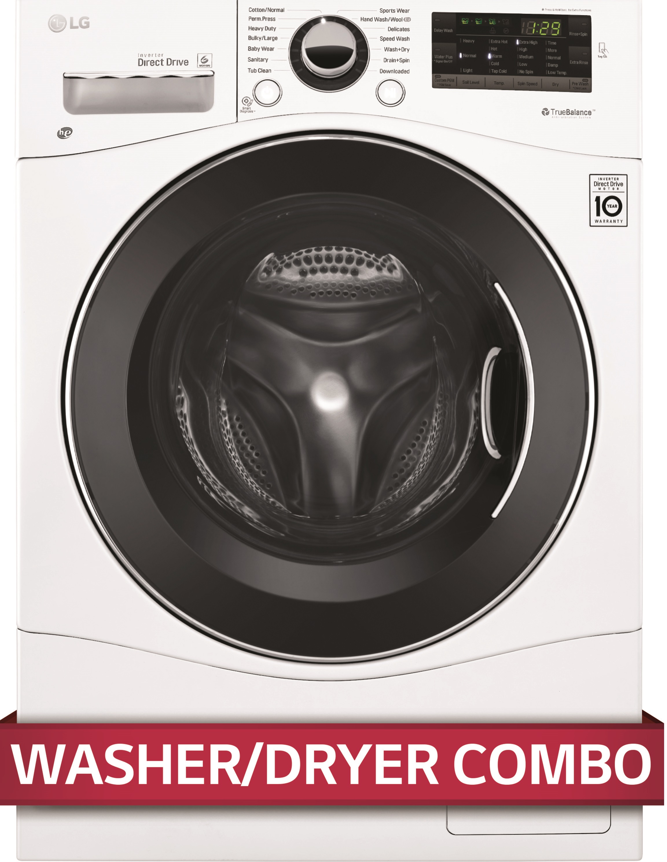 Front view of LG WM3488HW washer dryer with graphic banner
