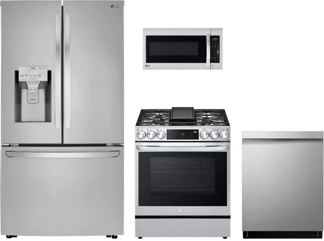 Front view of an LG 4-piece stainless steel kitchen appliance package 