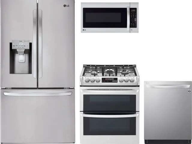 LG stainless steel 4 piece kitchen package with gas double oven range