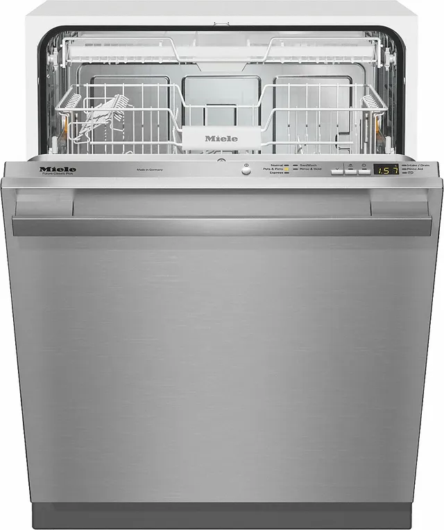 The Miele G4977SCVISS dishwasher with its door open 