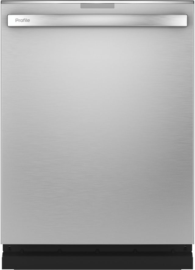 Stock photo of a stainless steel GE Profile dishwasher. 