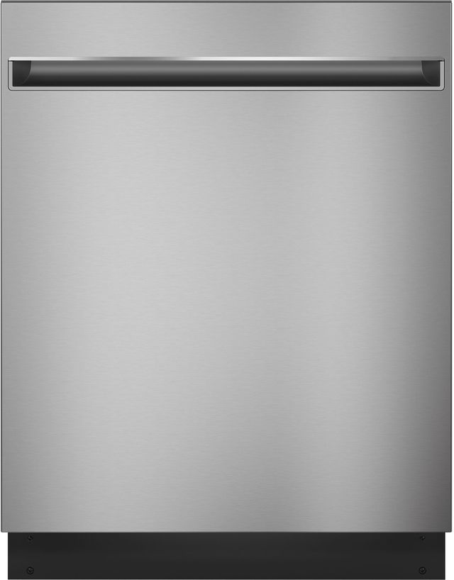 Stock photo of a stainless steel GE dishwasher.