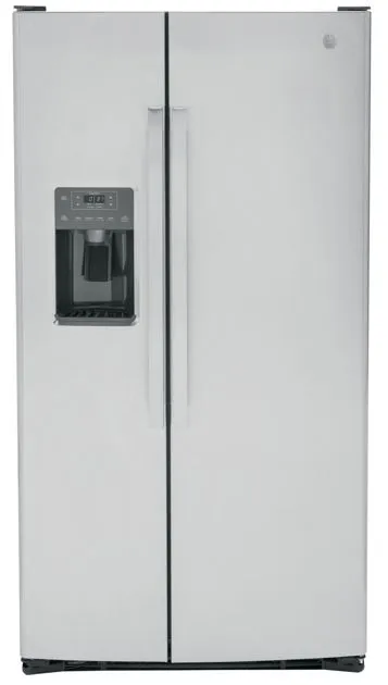 Front view of the GE GSS25GYPFS side by side refrigerator 