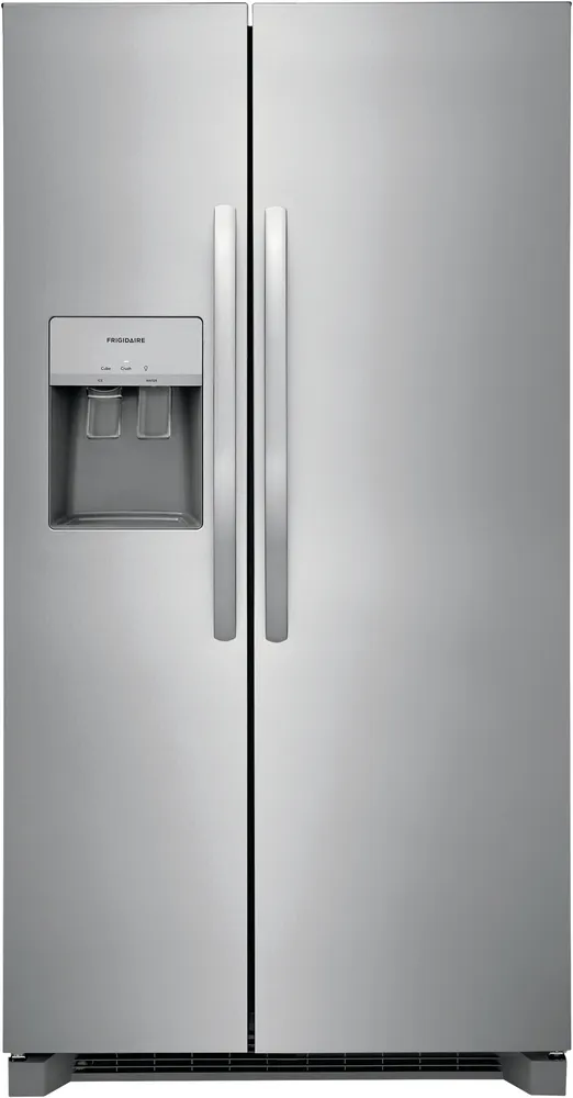 Front view of the Frigidaire FRSS2623AS side by side refrigerator 