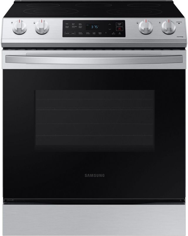 Stock photo of a stainless steel Samsung slide in electric range. 