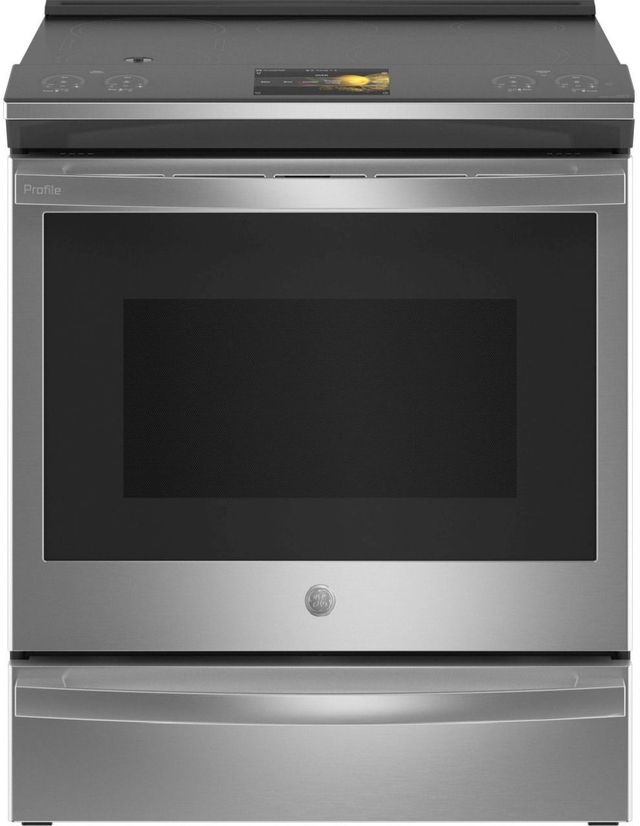 Stock photo of a stainless steel GE Profile slide in electric range with storage drawer beneath. 