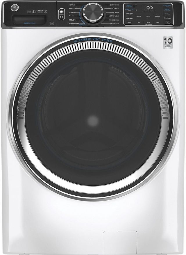 Stock photo of a white GE front load washer.