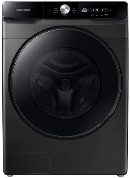 Stock photo of a black Samsung front load washer.
