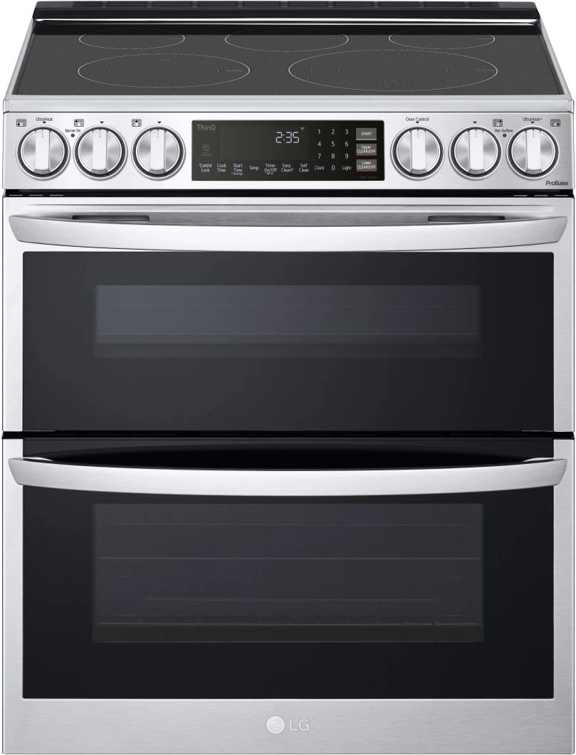 Front view of the LG LTEL7337F double oven range 