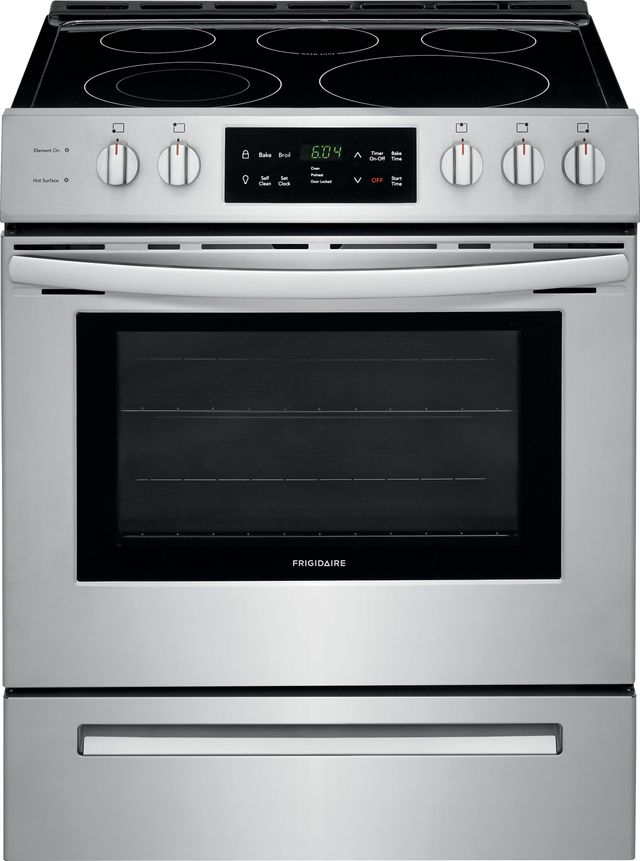 Stock photo of a stainless steel Frigidaire brand electric range. 
