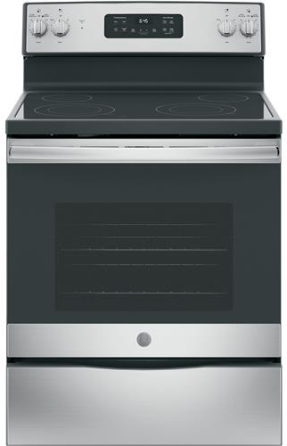 Stock photo of a stainless steel GE brand electric range.