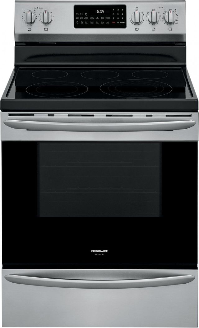 Stock photo of a stainless steel Frigidaire brand electric range with storage drawer beneath. 