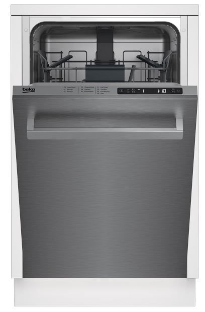 Stock photo of a stainless steel Beko brand dishwasher with a large front handle and top digital display. 