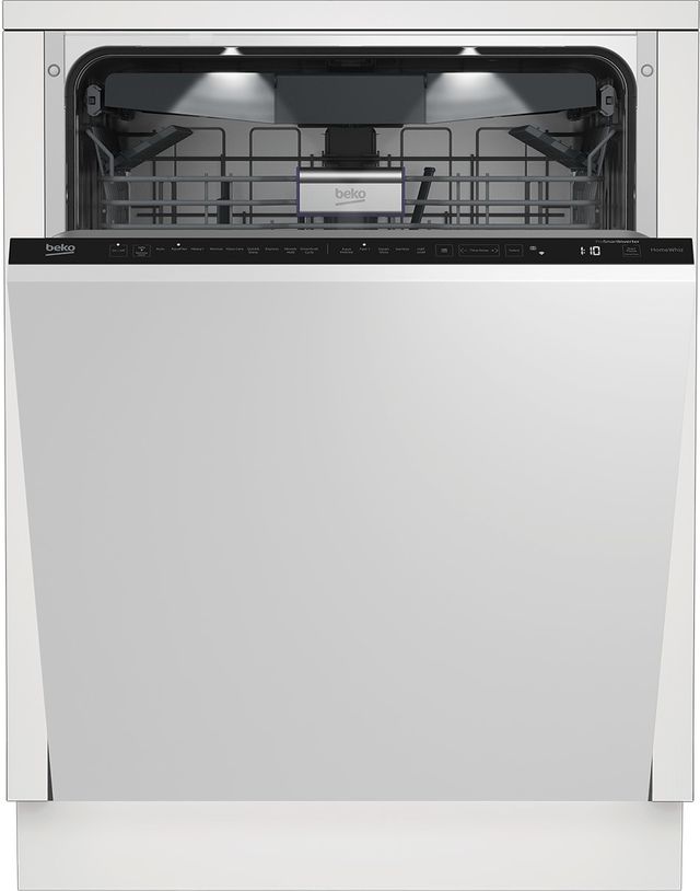 Stock photo of an off-white Beko brand dishwasher with hidden handle and top digital display.