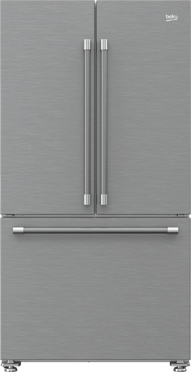 Stock image of a stainless steel Beko brand French door refrigerator with bottom freezer.