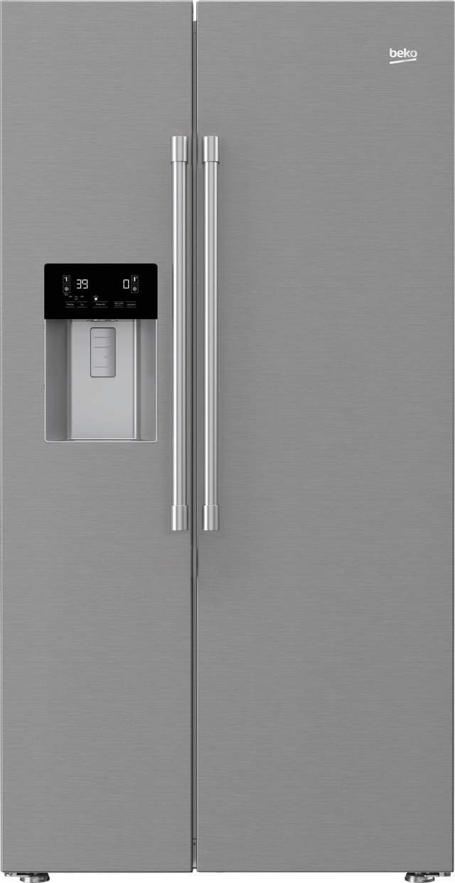 Stock image of a stainless steel Beko brand side-by-side refrigerator.