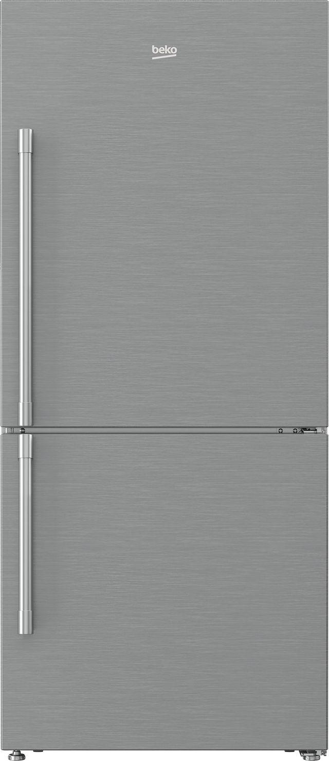 Stock image of a stainless steel Beko brand refrigerator with bottom freezer.