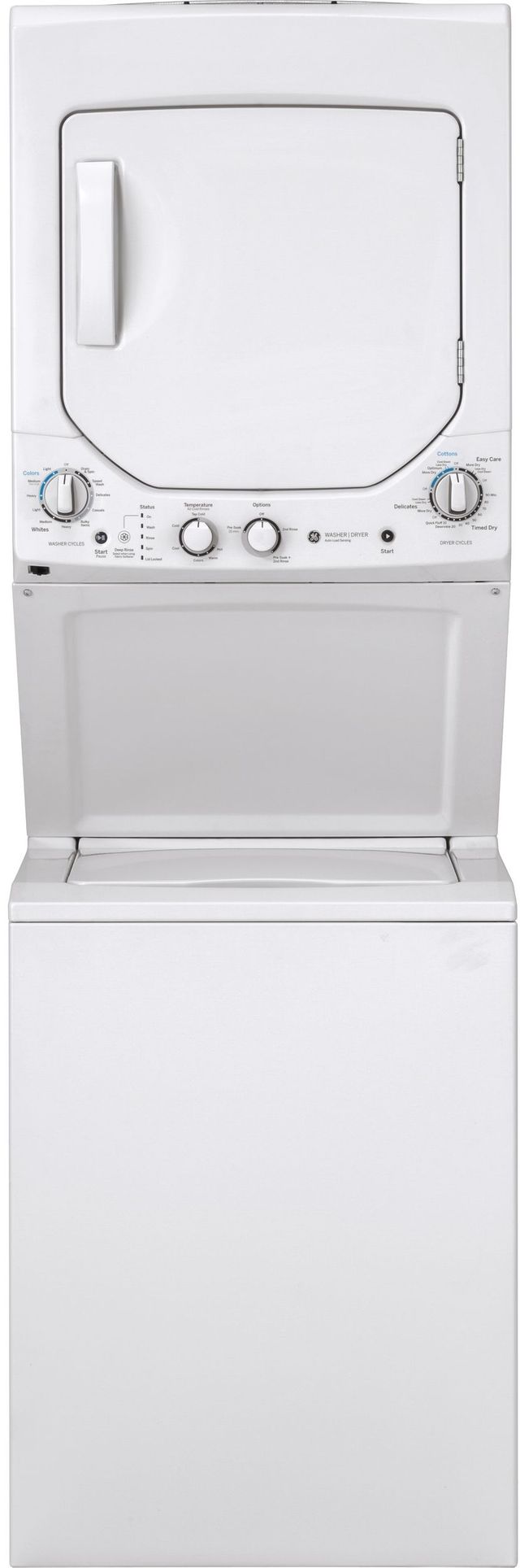 Stock photo of a white GE brand stacked washer and dryer.