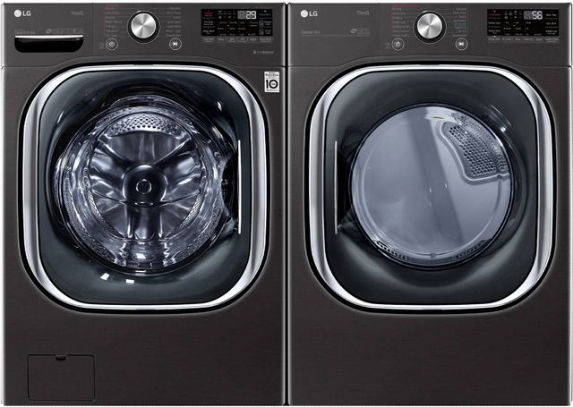 Stock photo of a black LG brand stackable washer and dryer next to each other.