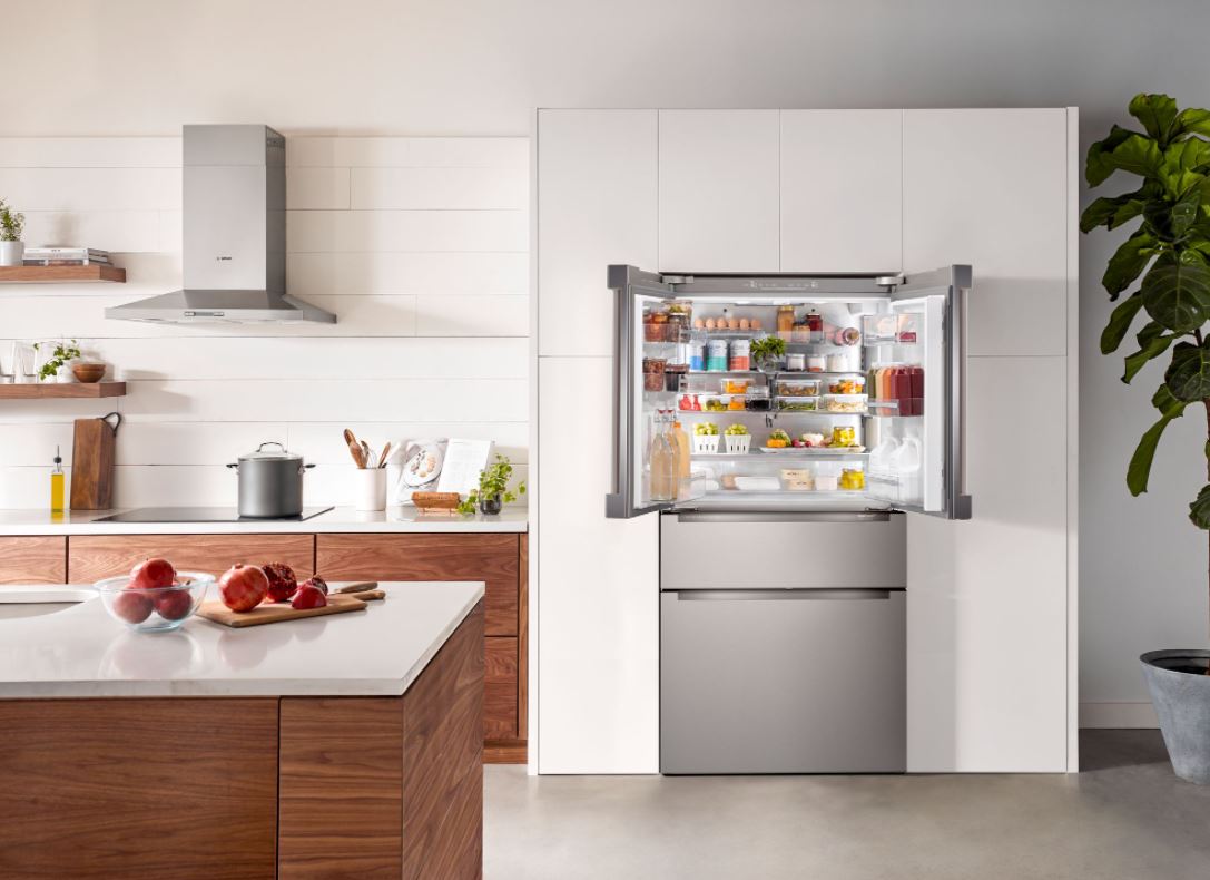 modern kitchen with full-size refrigerator