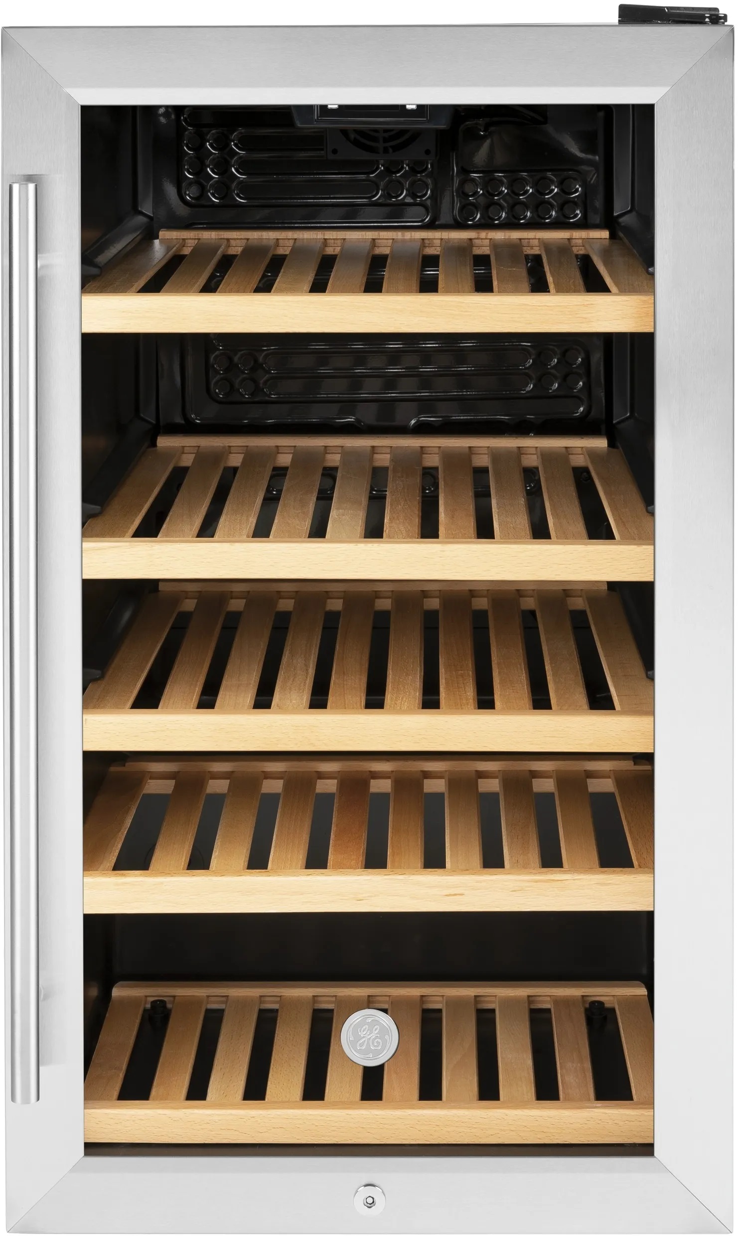 Front view of GE GVS04BQNSS wine cooler 