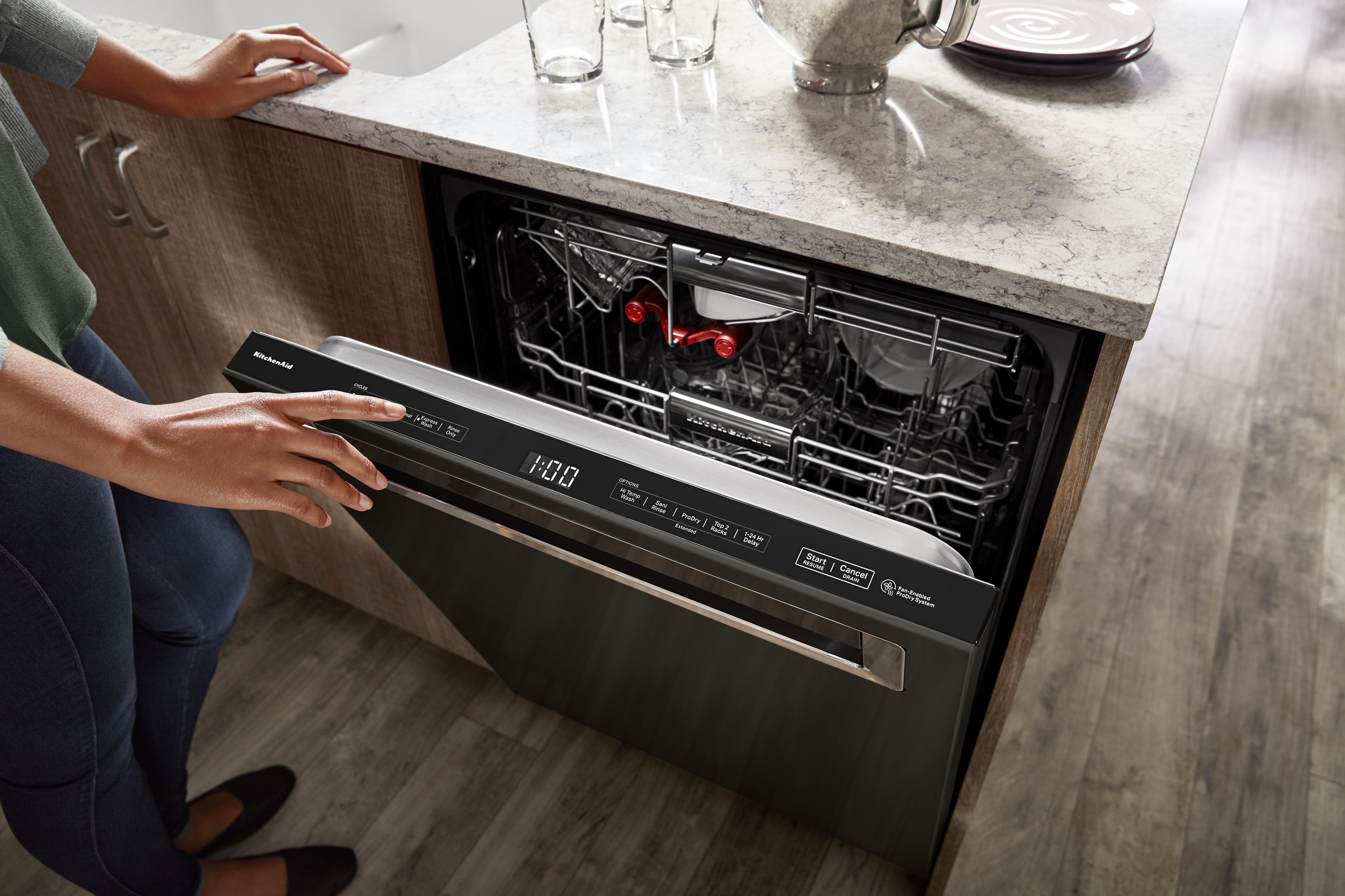 KitchenAid product image of KDPM604KBS built-in dishwasher with door propped open