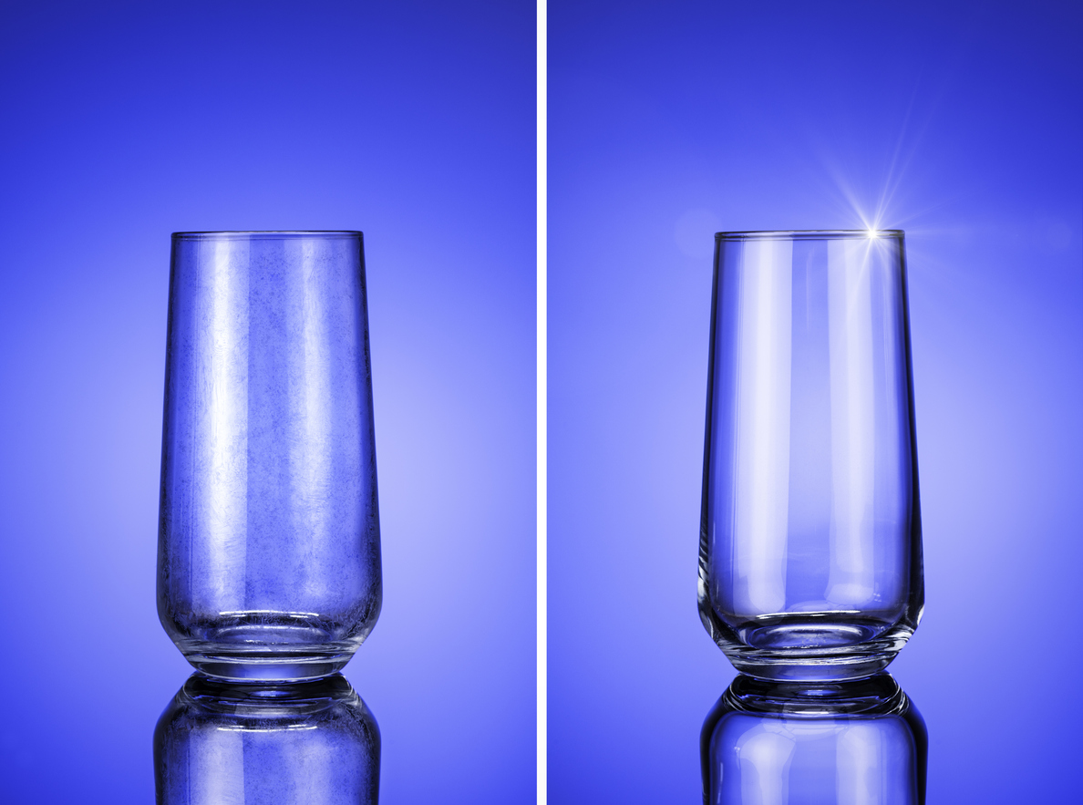 side by side image depicting hard water stains on glass and clean glass