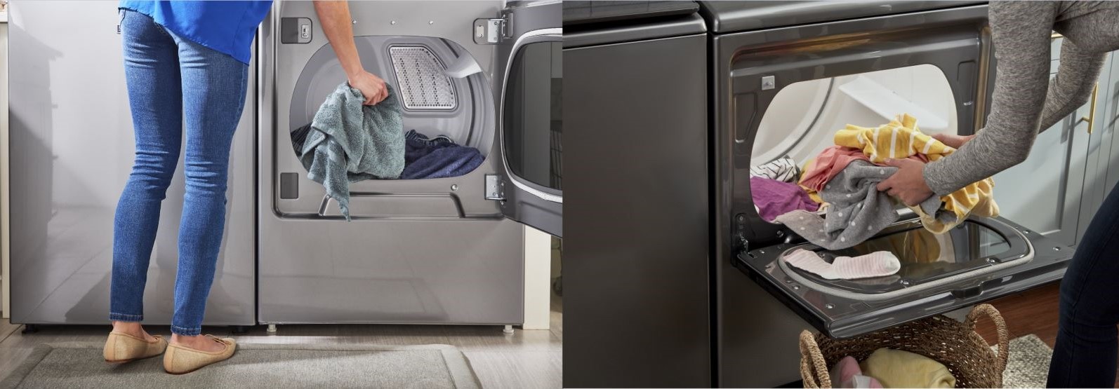 side-by-side images of Maytag and Whirlpool clothes dryers