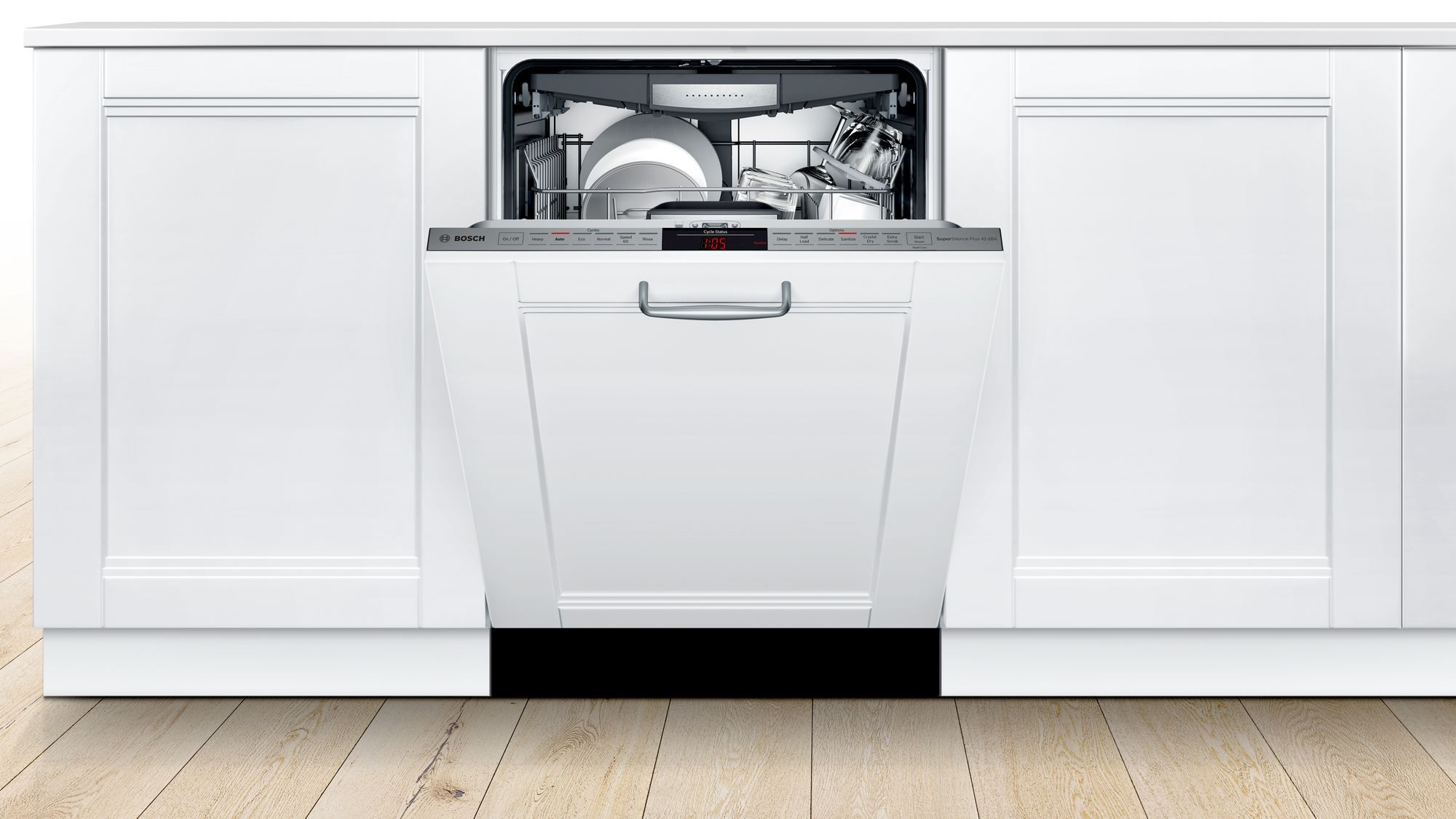 Bosch top-control-dishwasher with custom panel that matches white cabinetry