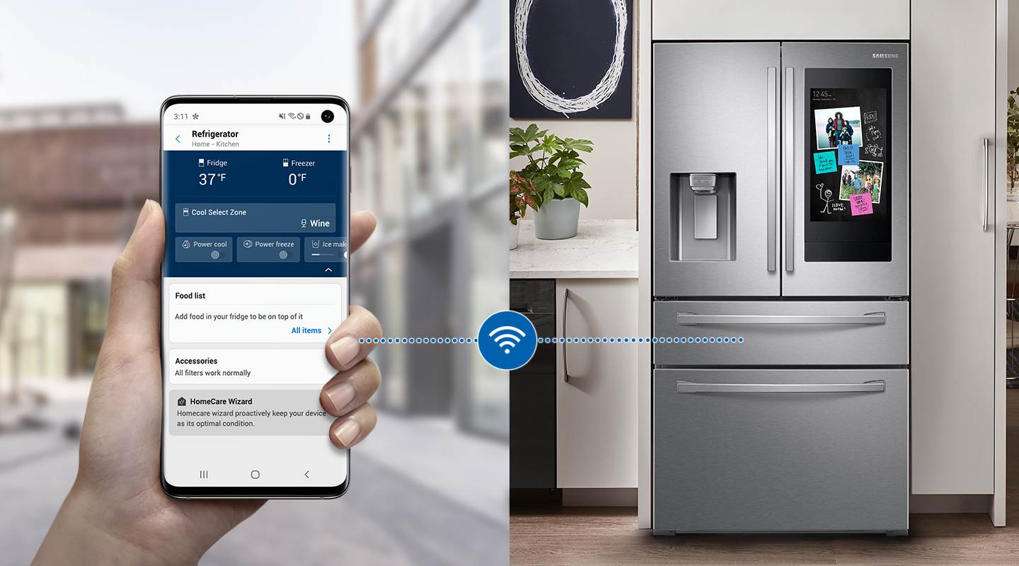 side-by-side graphic with hand using smartphone on the left and a counter-depth Samsung fridge on the right