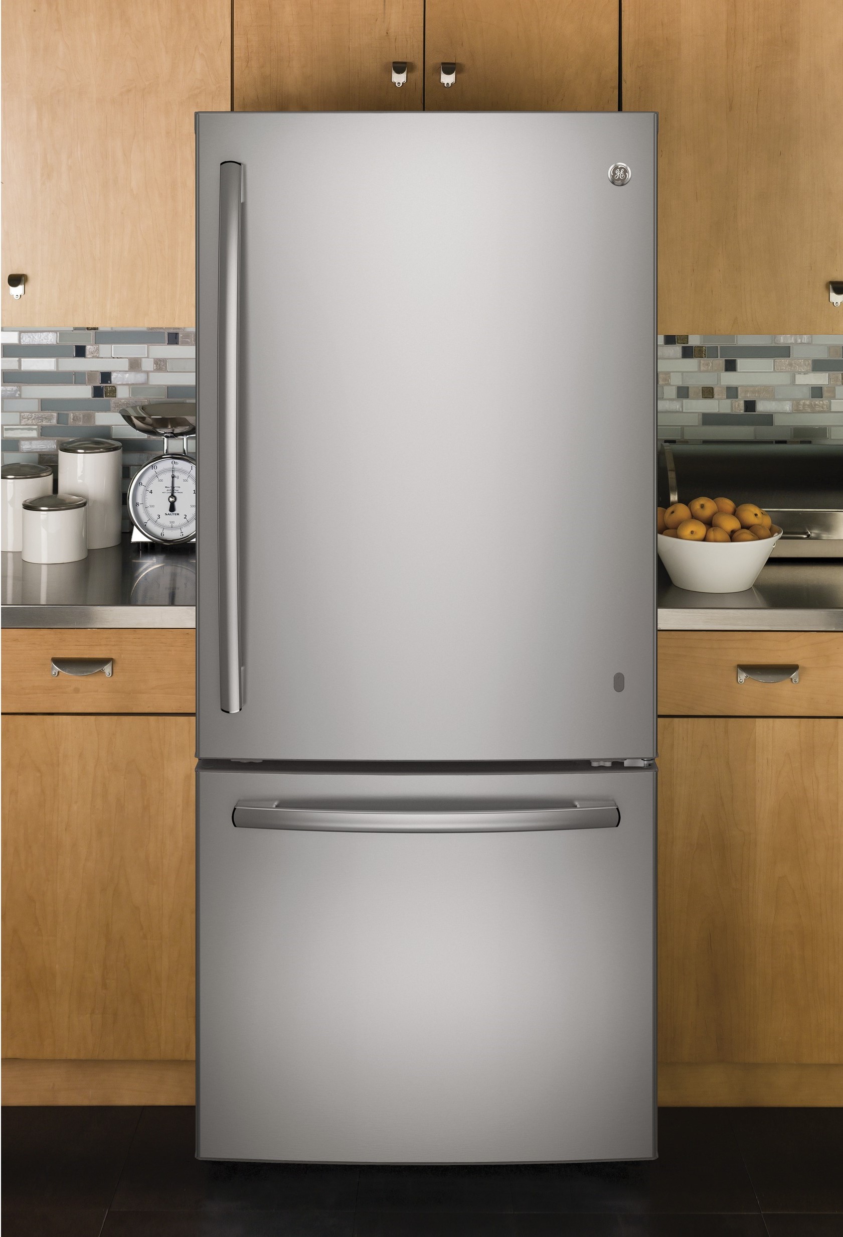 product image of GE stainless-steel bottom-freezer fridge