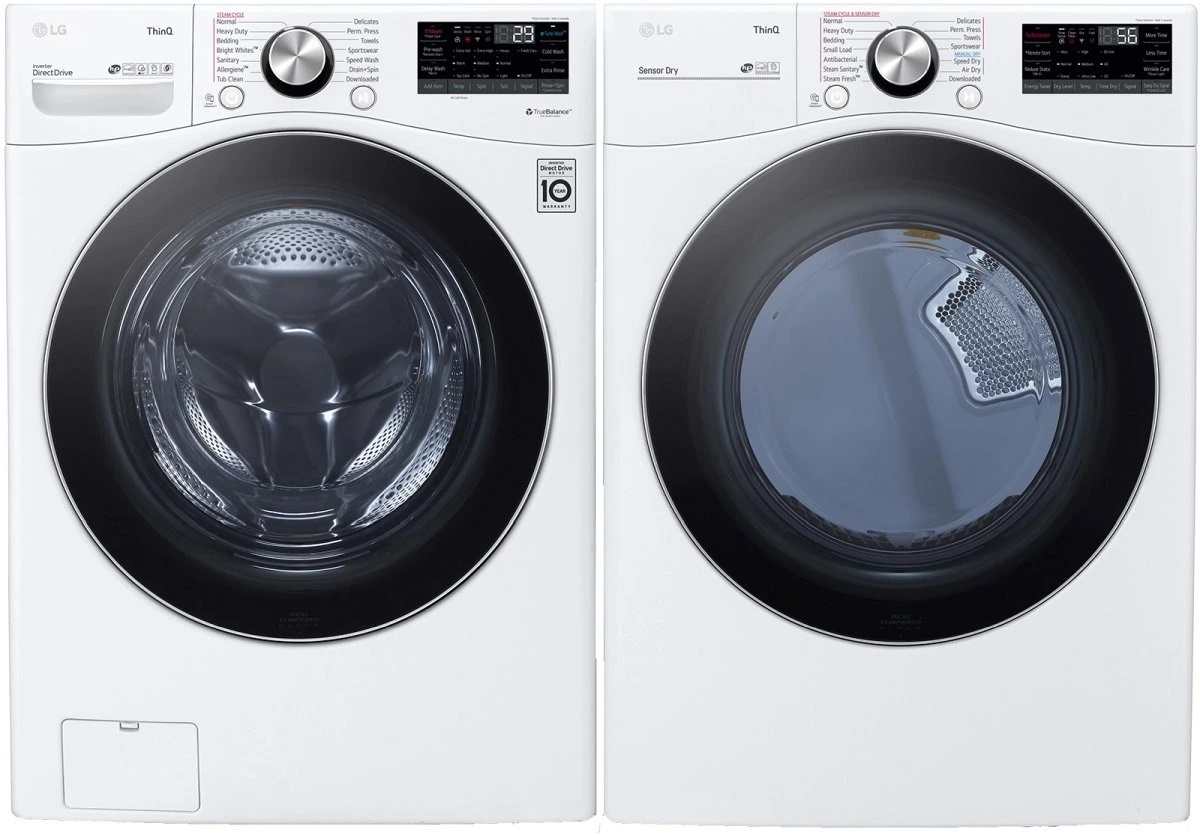white front load laundry pairs with black accents 